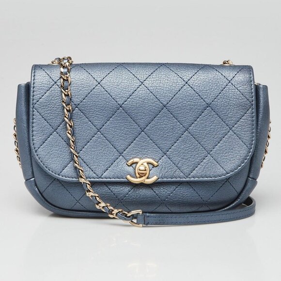 Chanel Metallic Blue Goatskin Leather Stitched Casual Trip Bag - Picture 8 of 10